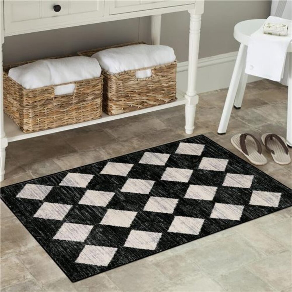 Area Rug - 2x3 Printed Small Black Checkered Entryway Rug Non Slip Kitchen Mat - Picture 3 of 6